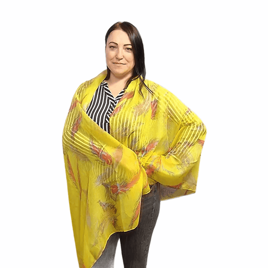 Eșarfă-Șal 90 cm x 180 cm , Model de Pene, Galbenă - Bijuterii TV