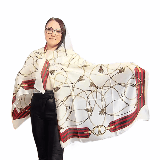 Eșarfă-Șal din Mătase 100% Autentică, 90 cm x 180 cm, Crem cu Model Lanț Auriu - Bijuterii TV