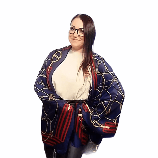 Eșarfă-Șal din Mătase 100% Autentică, 90 cm x 180 cm, Albastru Închis cu Model Lanț Auriu - Bijuterii TV
