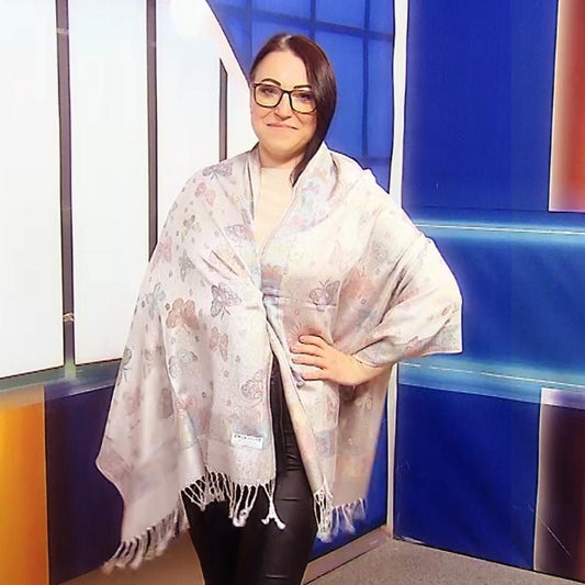 Eșarfă-Șal 100% Cașmir Pashmina Autentic, 70 cm x 170 cm, Alb Lucios cu Model Fluture - Bijuterii TV