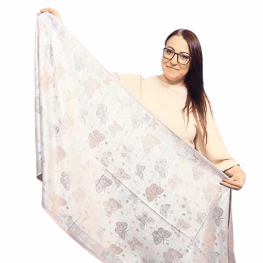 Eșarfă-Șal 100% Cașmir Pashmina Autentic, 70 cm x 170 cm, Alb Lucios cu Model Fluture - Bijuterii TV