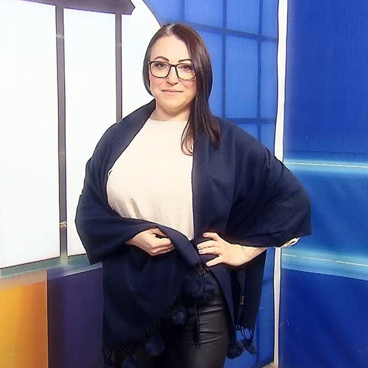 Eșarfă-Șal, 60 cm x 170 cm, cu Pompoane din Blană Naturală, Albastru Închis - Bijuterii TV