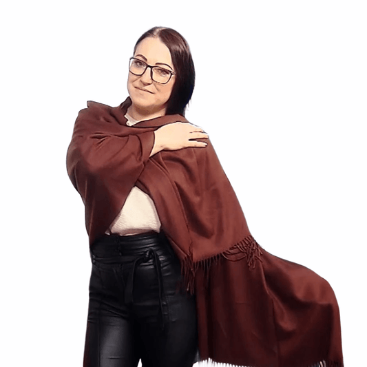 Eșarfă-Șal 100% Cașmir Pashmina Autentic, 70 cm x 170 cm, Maro Închis Mahon - Bijuterii TV