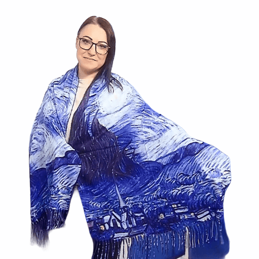 Eșarfă-Șal din Lână, 70 cm x 180 cm, Model Pictură Van Gogh - Starry Night - Bijuterii TV
