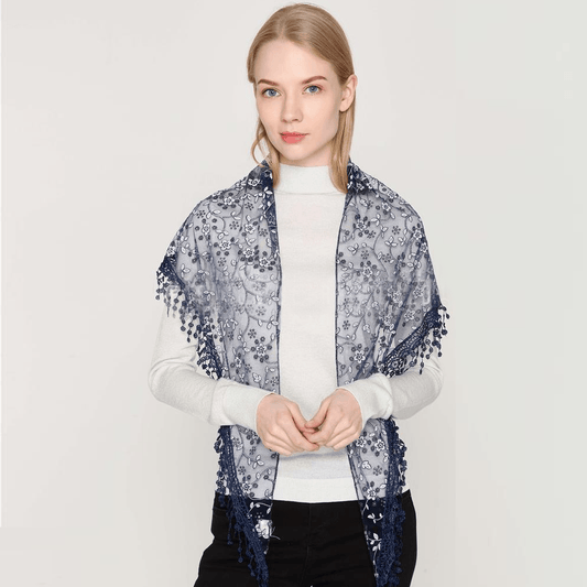 Eșarfă-Șal Triunghiulară 45 cm x 45 cm x 170 cm cu Model Floral Lucios, Albastru Navy - Bijuterii TV