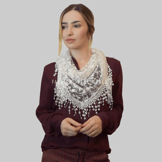 Eșarfă-Șal Triunghiulară 45 cm x 45 cm x 170 cm cu Model Floral Lucios ,Albă - Bijuterii TV